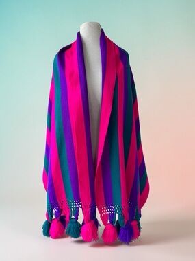 Vtg 70s Hot Pink Stripe Pom Pom Woven Scarf Wrap Table Runner Tapestry Boho